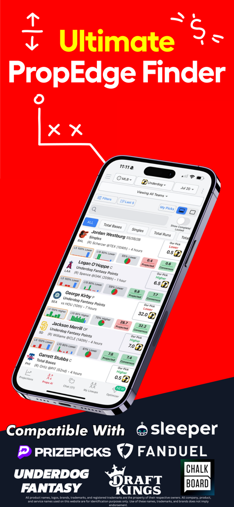 LineStar mobile app interface displaying AI-driven player prop projections and compatible betting platforms like PrizePicks and DraftKings.