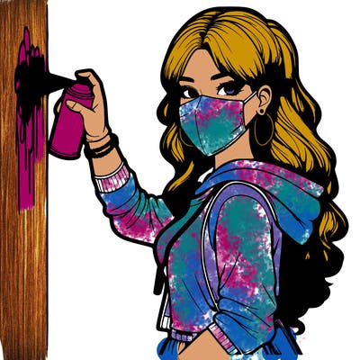 realistic girl with mask spray painting a wall
