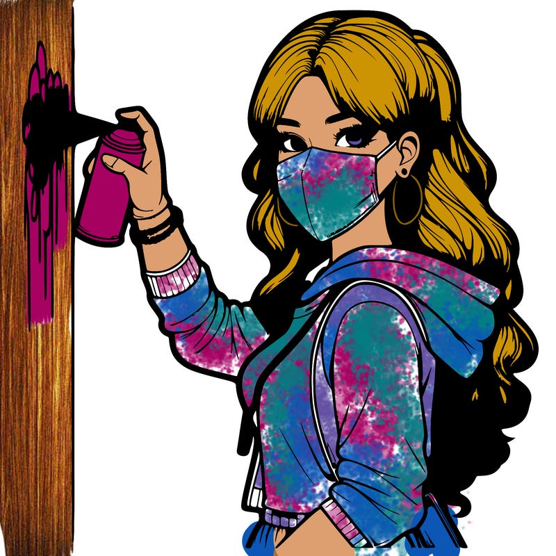 realistic girl with mask spray painting a wall