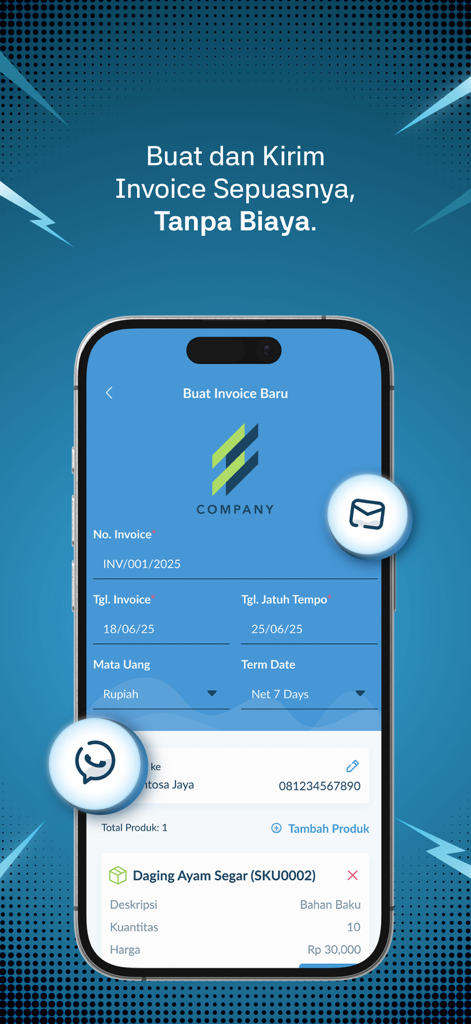 Paper.id: Online Invoicing - Paper.id mobile app interface showing how to create and send digital invoices with WhatsApp and email integrations.