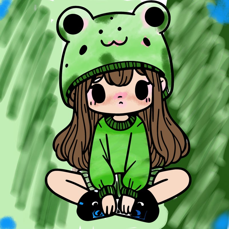 a girl wearing a frog hat and some frog socks