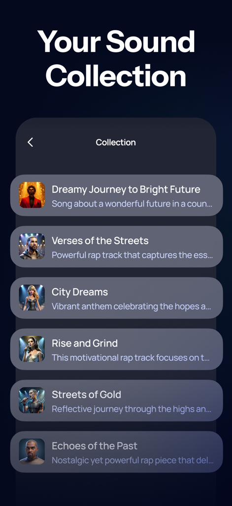 AI Song Maker·Music Generator - Interface of the AI Song Maker app showing a collection of generated songs with titles and descriptions.