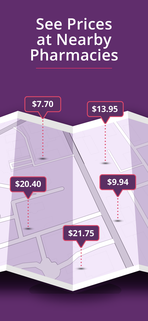 A map display within the RxSaver app showing different prescription prices at various nearby pharmacies