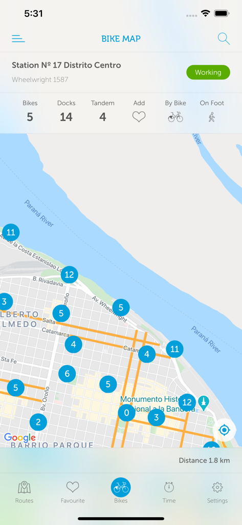 Mi bici tu bici - A map interface of the Mi bici tu bici app showing bike station locations and availability in Rosario