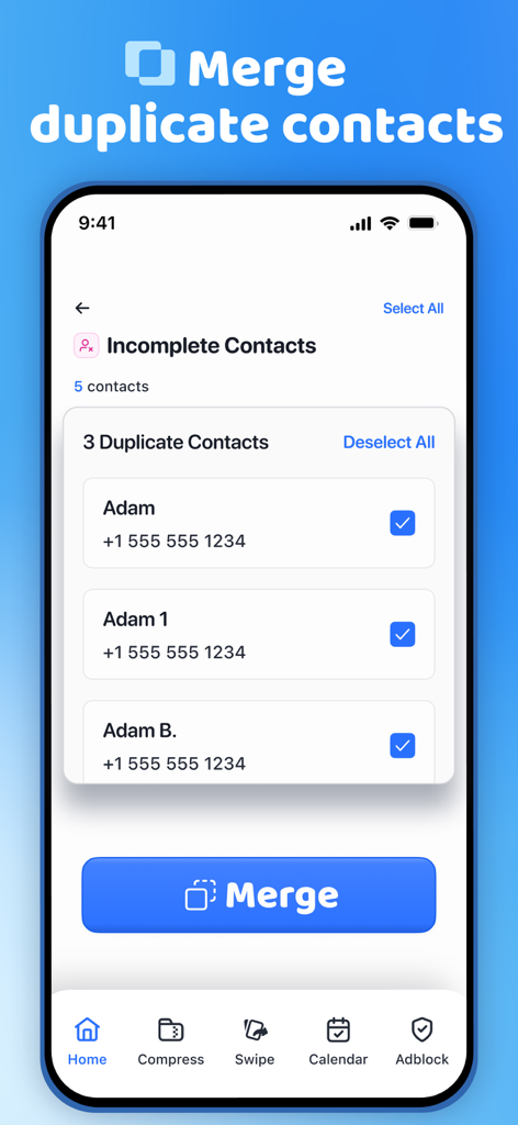 Interface of Clean Manager app showing how to merge duplicate contacts on iPhone.