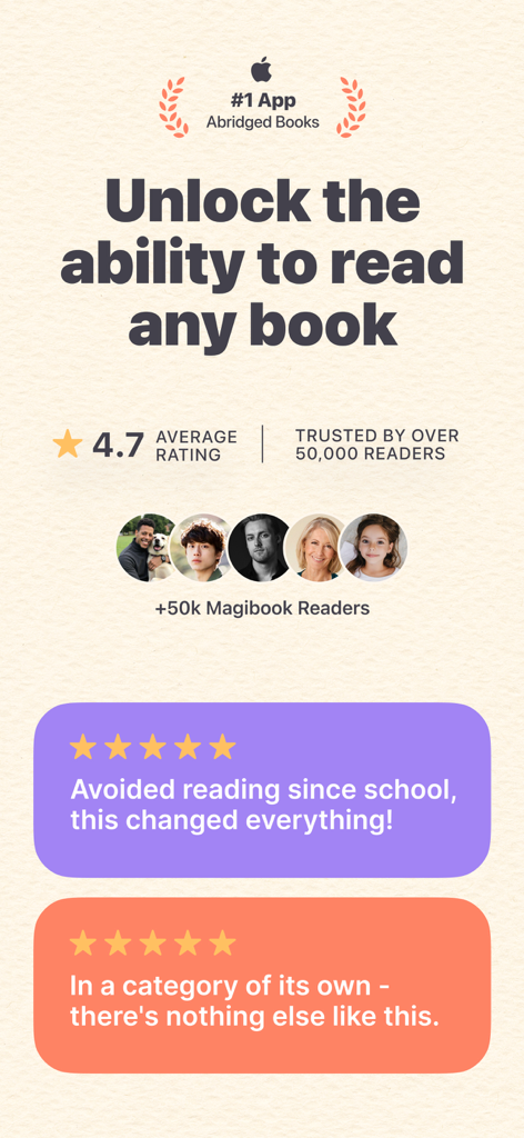 Magibook: Reading & Audiobooks - Magibook promotional screen featuring a 4.7 star rating and positive user testimonials about reading accessible books