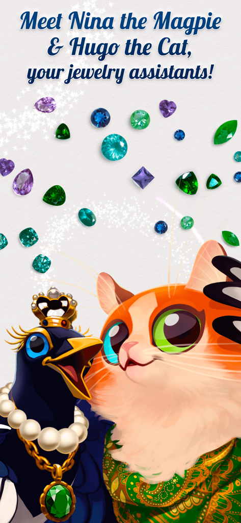 Dazzly Match: Diamond Sort - Nina the Magpie and Hugo the Cat jewelry assistants with colorful gemstones