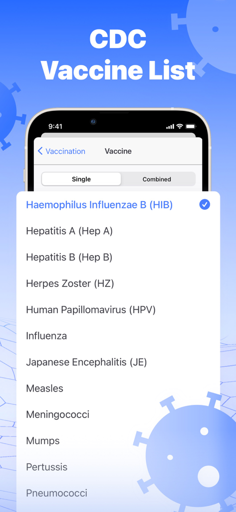 Vaccine & Immunization Record - A mobile app screen showing a list of CDC vaccines for tracking immunizations.