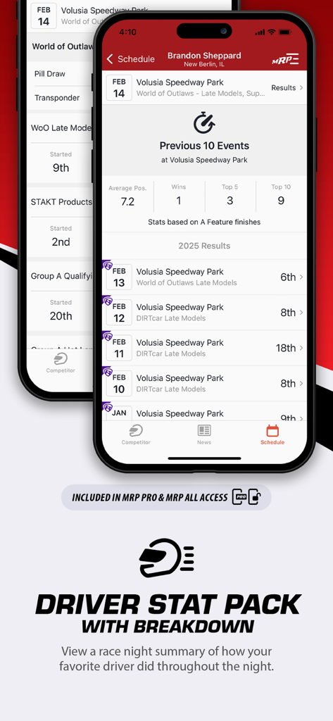 Capture d'écran de l'application MyRacePass montrant un pack de statistiques détaillées du pilote avec les résultats de course et les statistiques de performance.