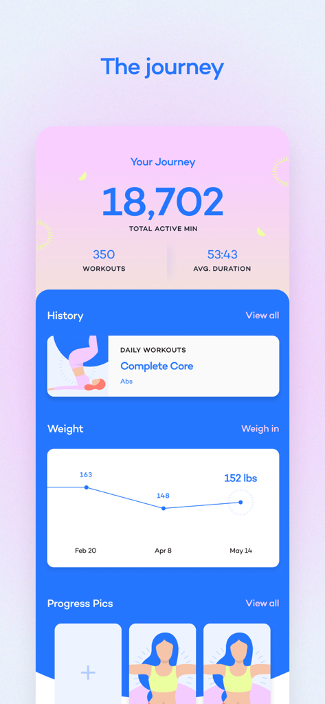 The journey dashboard of the Alive fitness app showing total active minutes, a weight progress chart, and personal progress photos.