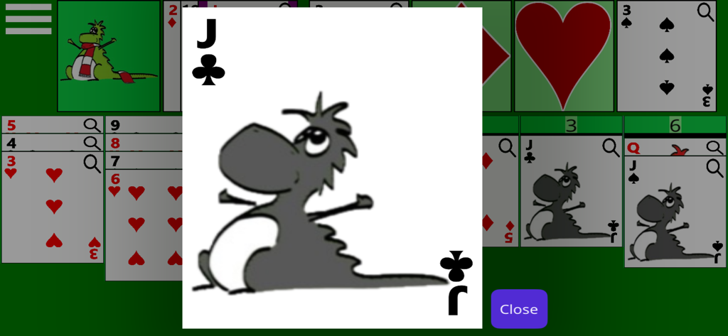 A large print Jack of Clubs card with a cartoon dinosaur character displayed in the Accessible Solitaire app interface.