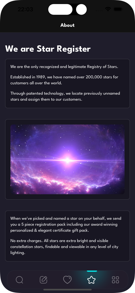 The about page of the Name Star Register app explaining its star naming service history and registration process.