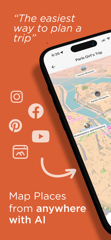 Wander: Maps & Navigation - Wander app interface showing a Paris trip itinerary mapped from social media using AI