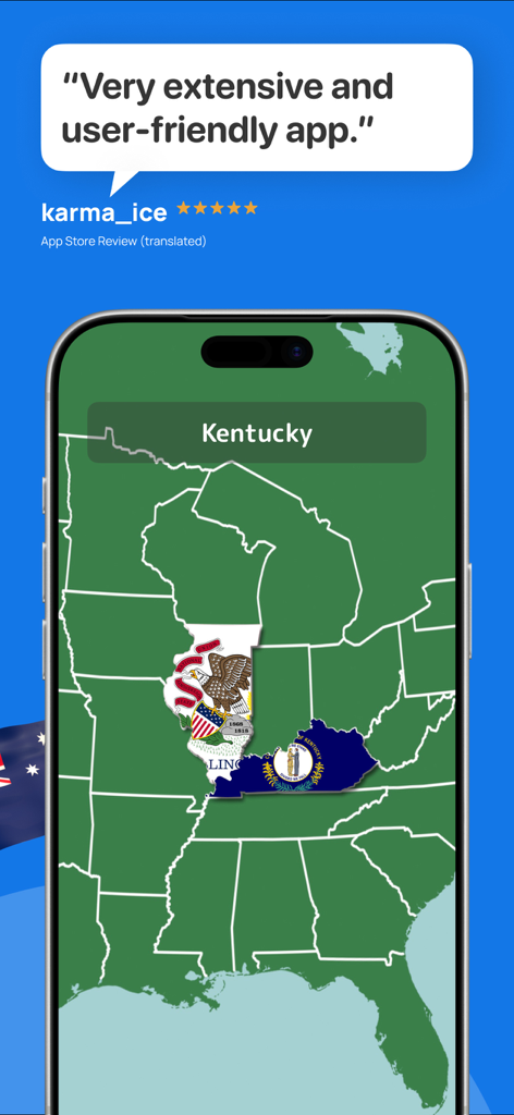 Geography Quiz: GeoGeek - A screenshot of the GeoGeek geography quiz app showing a US states challenge with a five star user review