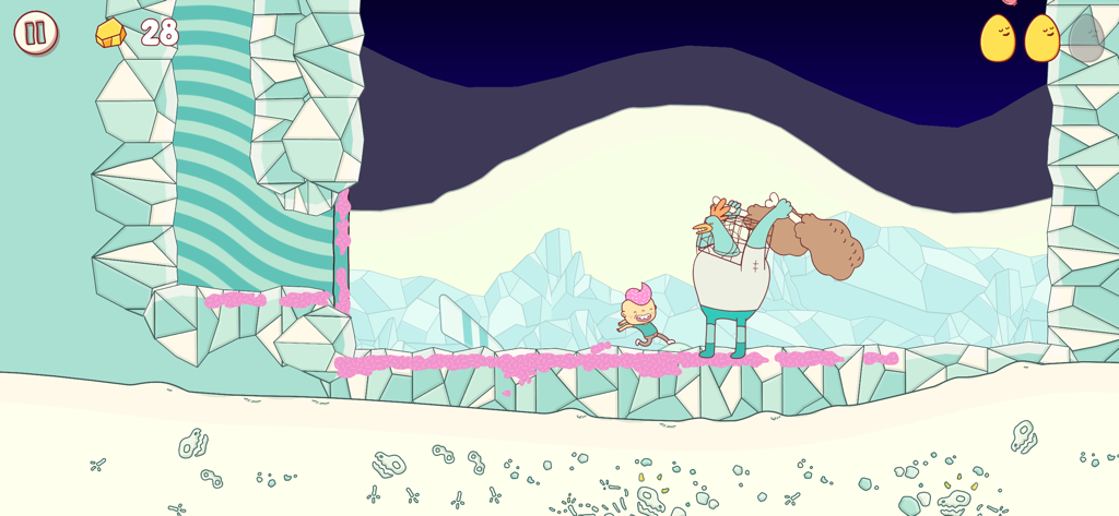 Gilbert character navigating a colorful level with pink vomit and a large chicken in Eggggg