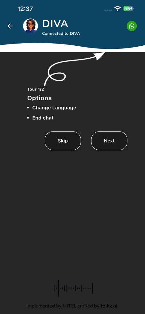 MAIA Bot app onboarding screen showing the DIVA AI assistant interface with options to change language or end chat