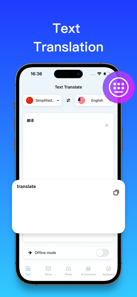 A smartphone screen showing the Translator app interface for text translation from Chinese to English