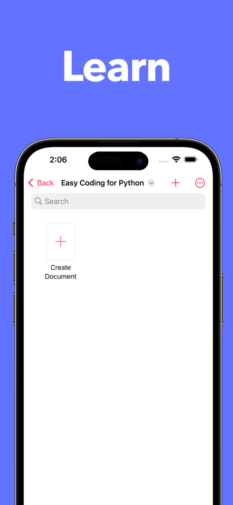 Python3ide - Interface of the learn Python app on an iPhone showing the file manager and a create document button for coding projects.