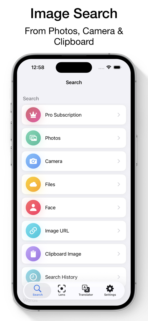 Hauptoberfläche der Rückwärtssuche-App auf einem iPhone mit Optionen zur Suche per Fotokamera und Zwischenablage