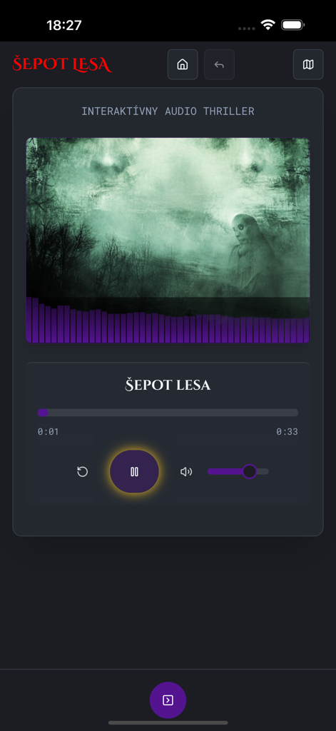 Šepot lesa - User interface of the Sepot lesa interactive audio thriller showing audio playback controls and eerie forest artwork