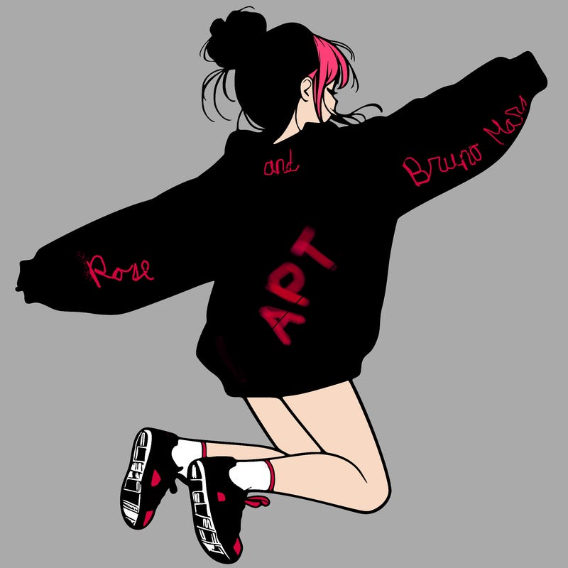 realistic girl jumping with a bun and oversized sweatshirt