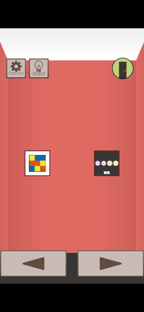 Escape game Tell a Riddle - Interfaccia della stanza rossa di Escape Game Tell a Riddle che mostra un puzzle a blocchi di colore e una serratura con codice.