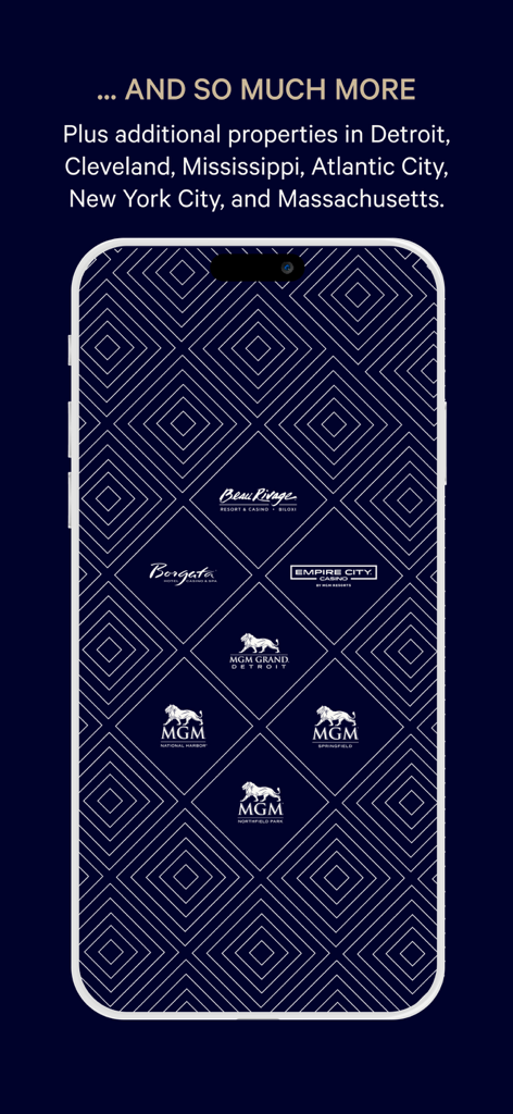 Tela do aplicativo MGM Rewards mostrando logotipos de propriedades de cassinos e resorts em todo o país, como Borgata e MGM Grand Detroit
