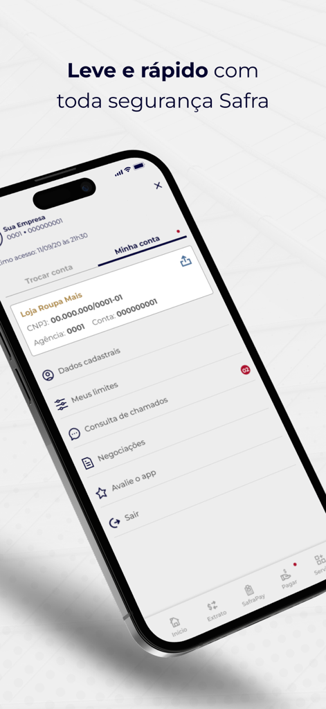 Safra Empresas: A sua conta PJ - Tela de smartphone mostrando o dashboard da conta PJ no app Safra Empresas com opções de dados cadastrais e limites de crédito.
