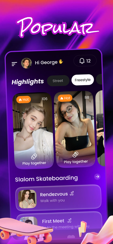 Deckk mobile app screen displaying popular skater highlights and social connection options.