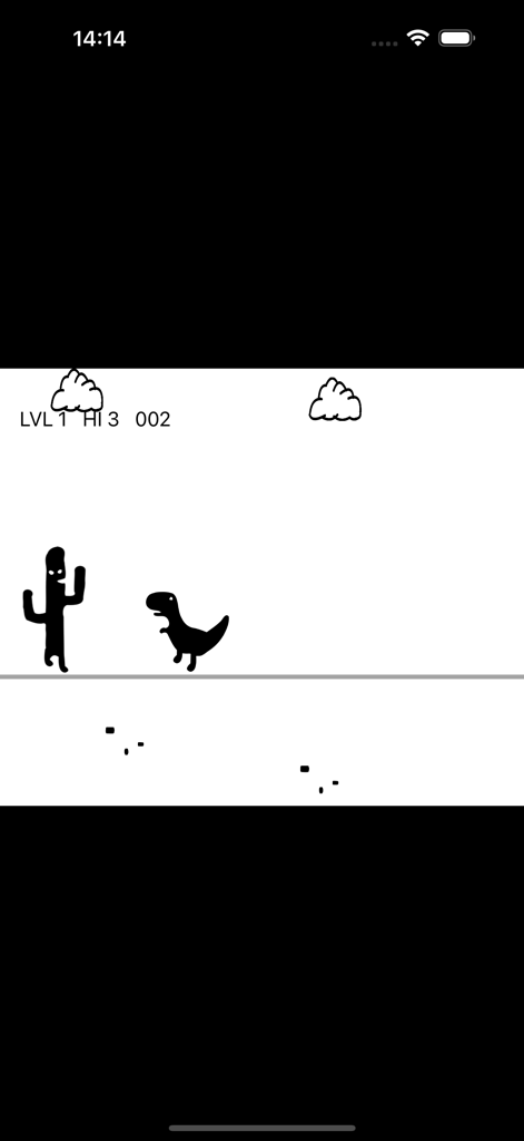 Jogabilidade retrô minimalista de Cactus Run mostrando um personagem cacto pulando sobre um dinossauro em modo claro