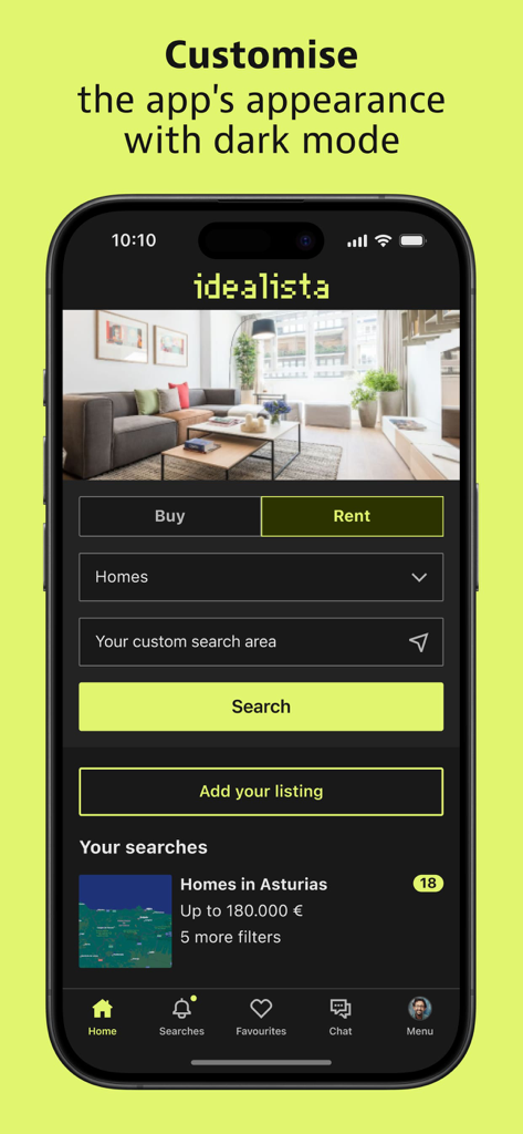 Idealista real estate app home screen featuring dark mode interface.