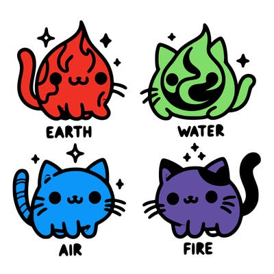 4 cats that represent the different elements, earth, water, air, and fire