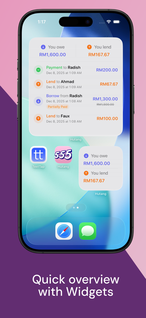 Hutang: Log Your Debt - Hutang app iOS widgets on an iPhone home screen showing a quick overview of money owed and lent
