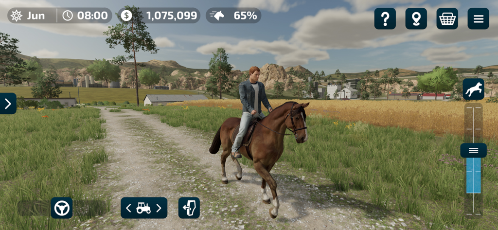 Farming Simulator 23 Mobile - A player character riding a brown horse through a farm landscape in Farming Simulator 23 Mobile
