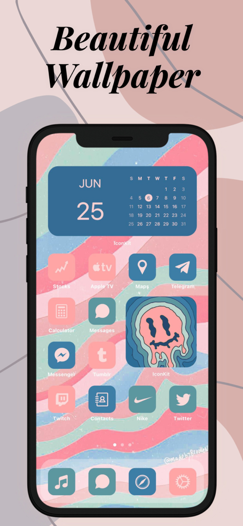 Icon Theme - Aesthetic Kit - A personalized smartphone home screen with a pastel wavy wallpaper and aesthetic custom icons and widgets