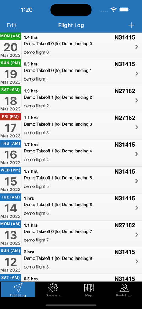 Hot Air - A screen from the Hot Air app showing a list of recorded balloon flight logs with dates durations and registration numbers
