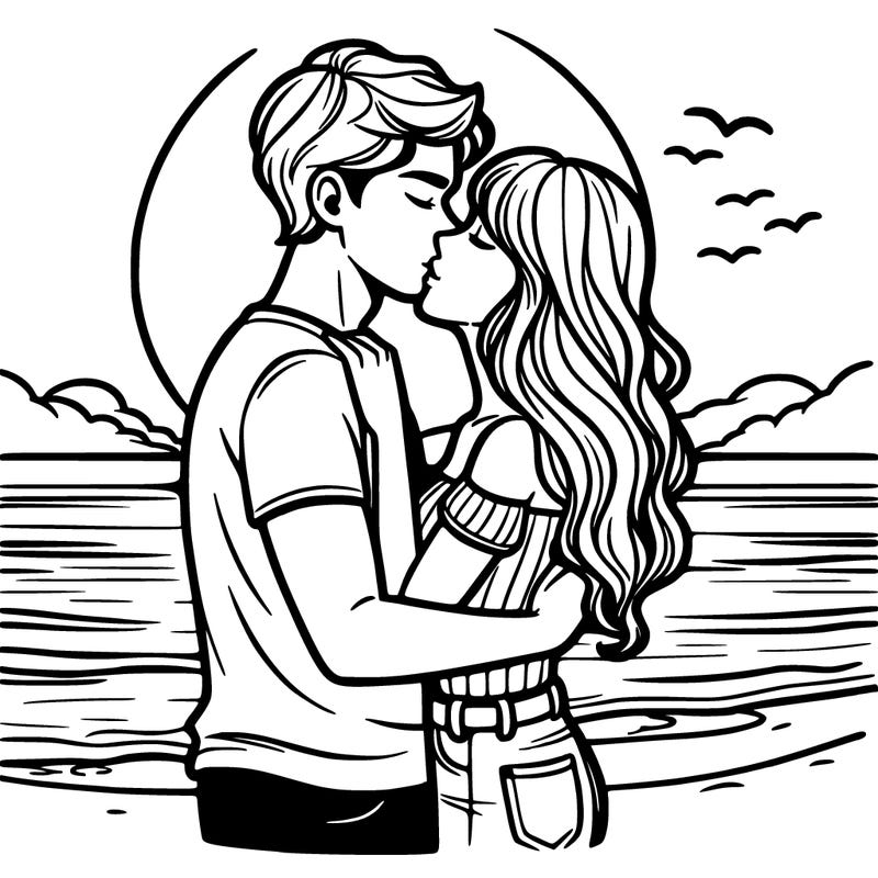 boyfriend and girlfriend looking at the sunset on the beach and kissing