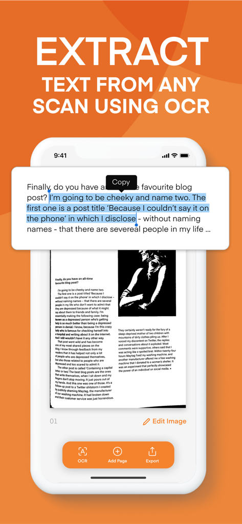 Scanner Vault app interface demonstrating OCR text extraction from a scanned document.