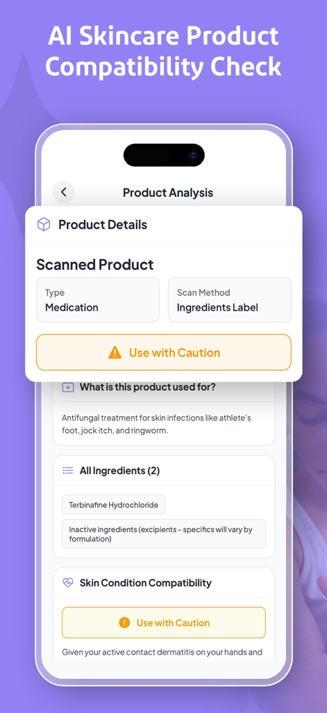 AI analysis of a medication label showing ingredient details and a safety warning for skin condition compatibility