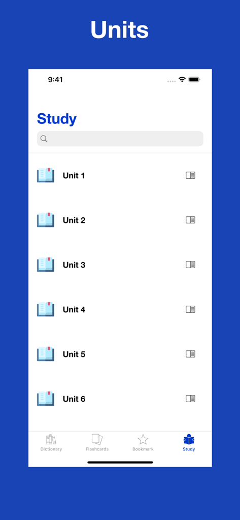 Interface of the Mastering English Collocation app showing a list of study units