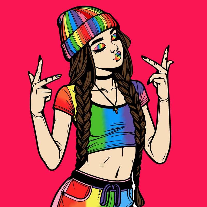 realistic teenage girl with braids and a beanie and crop top doing 🫶🏼