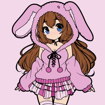 pretty anime girl wearing a fluffy hoodie with bunny ears on the hood and a skirt