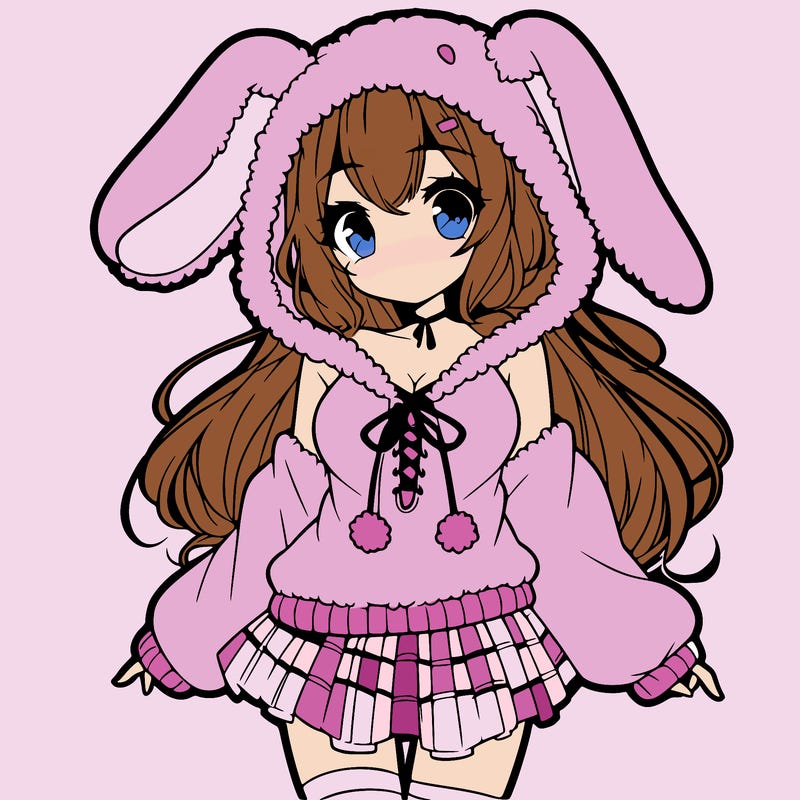 pretty anime girl wearing a fluffy hoodie with bunny ears on the hood and a skirt