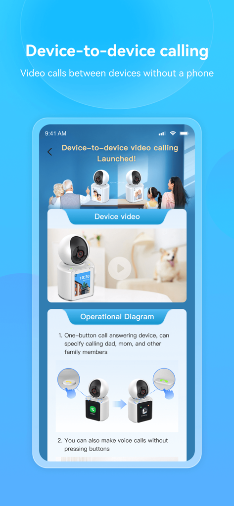 Im Cam - Im Cam app interface explaining device to device video calling for seniors and children
