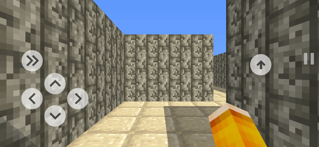 Blocky Parkour 3D - First-person perspective of a voxel-style parkour level with on-screen directional and jump controls