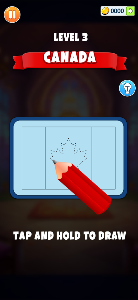 Flag Coloring Puzzle Games - Tracing the Canadian flag outline with a red pencil in Level 3 of the Flag Coloring Puzzle game.