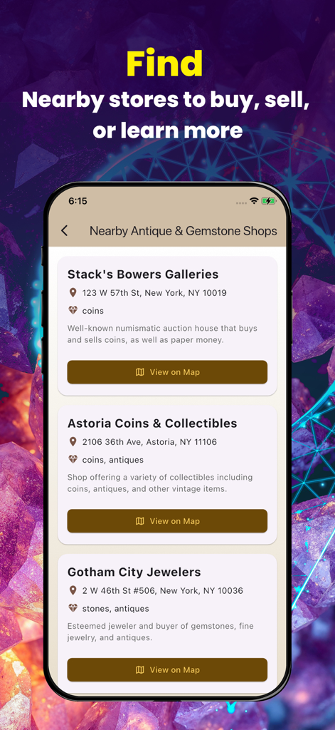 Rock Identifier: Stone Checker - Screenshot of the Rock Identifier app showing a list of nearby gemstone and antique shops with their locations and descriptions.