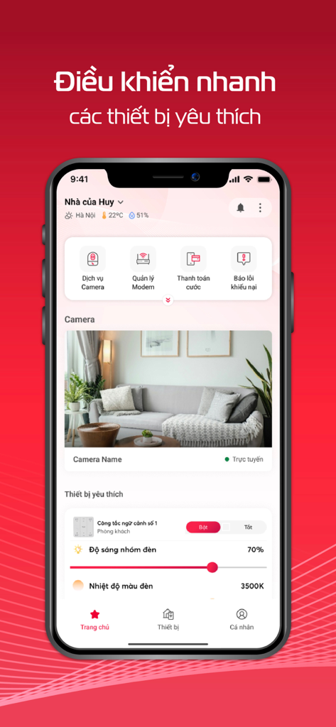 Viettel Home - Viettel Home app dashboard on a smartphone showing security camera monitoring and smart lighting controls in Vietnamese