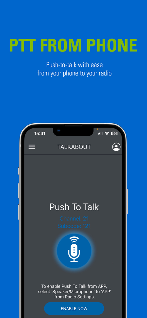 Smartphone screen showing the push to talk function of the Motorola Talkabout app for off-grid radio communication