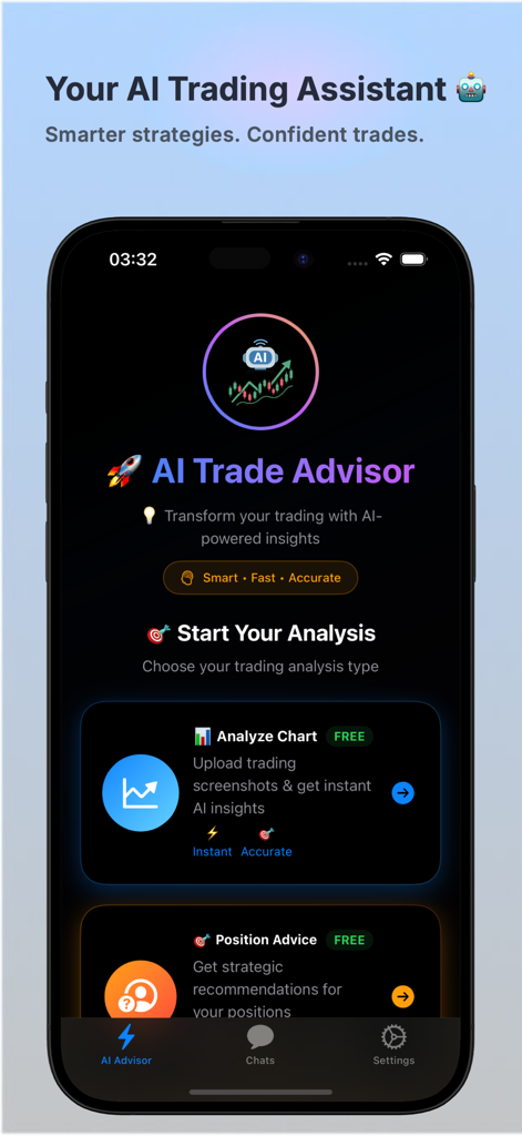 AI Trade Advisor - AI Trade Advisor mobile app dashboard showing options for instant chart analysis and personalized position advice